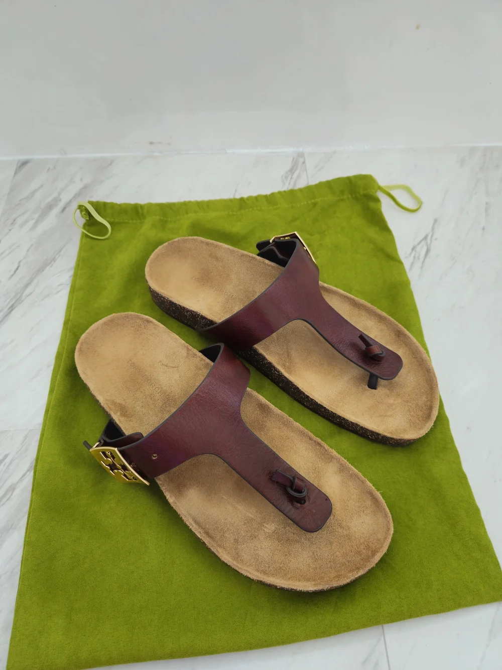 Tory Burch Brown Leather Thong Sandal with Gold Logo Accent